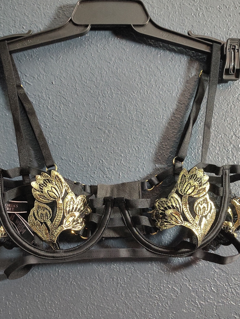 Victoria's Secret Very Sexy Black Strappy Bra with Gold Floral Appliqué